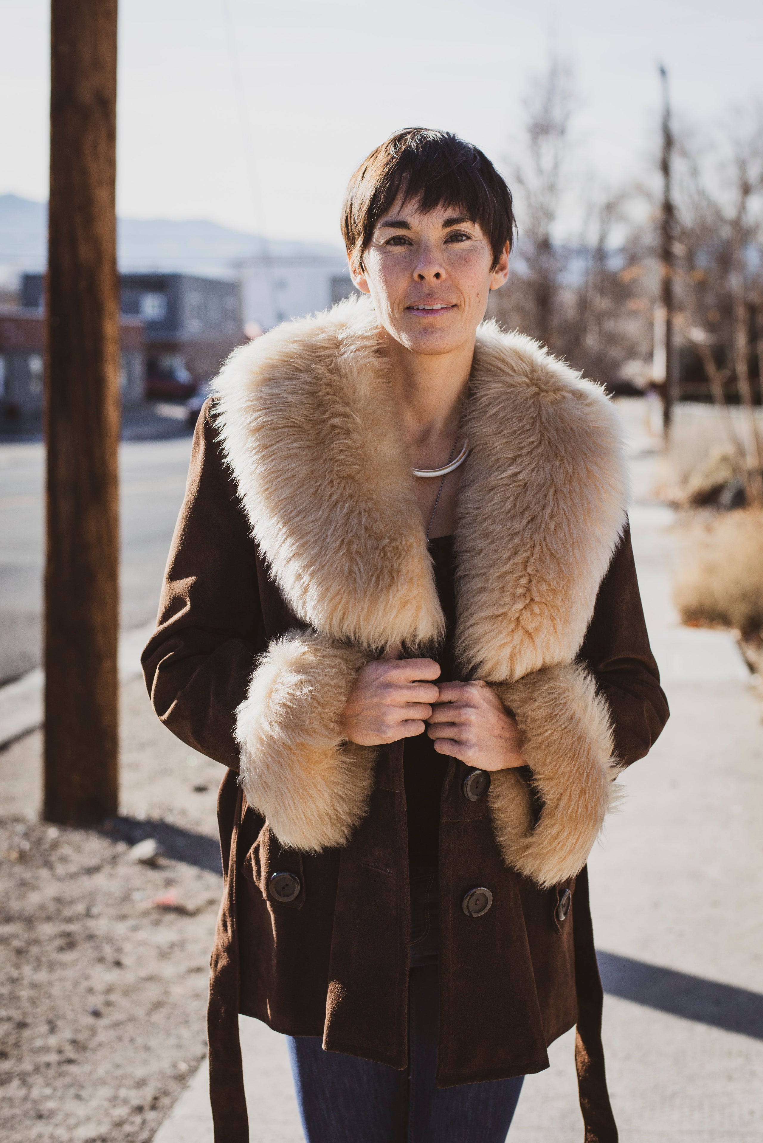 Fur trimmed coat on sale